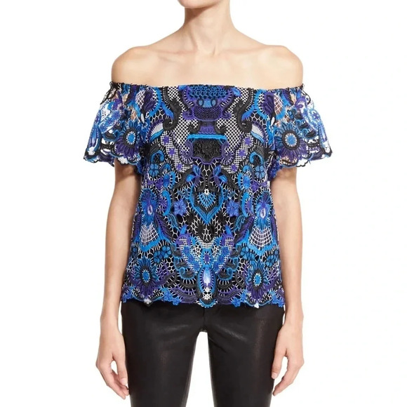 Alice + Olivia Maxie Lace Off Shoulder Embroidery Top Blouse Blue Multi Size XS - Picture 1 of 12